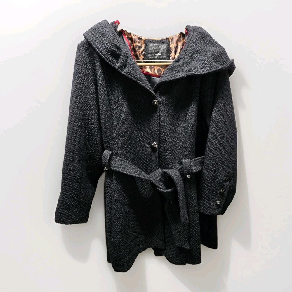 Steve Madden Coat Womens Plus 2X Black 5% Wool Textured Lined Pockets Belted